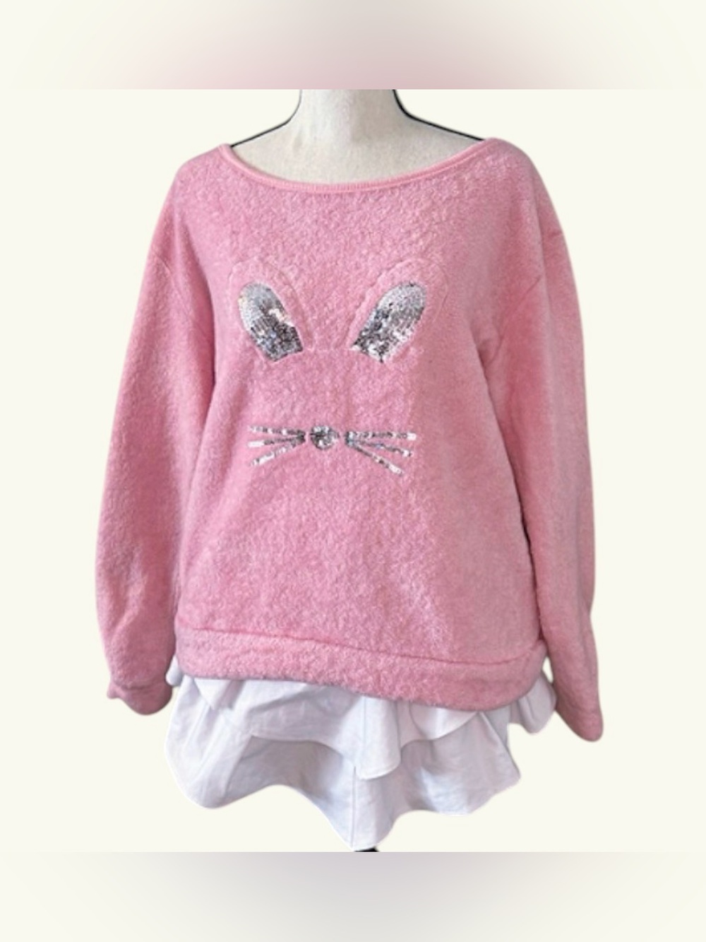 Pink Plush Sequin Bunny Face pajama top -girls Xl (14-16)